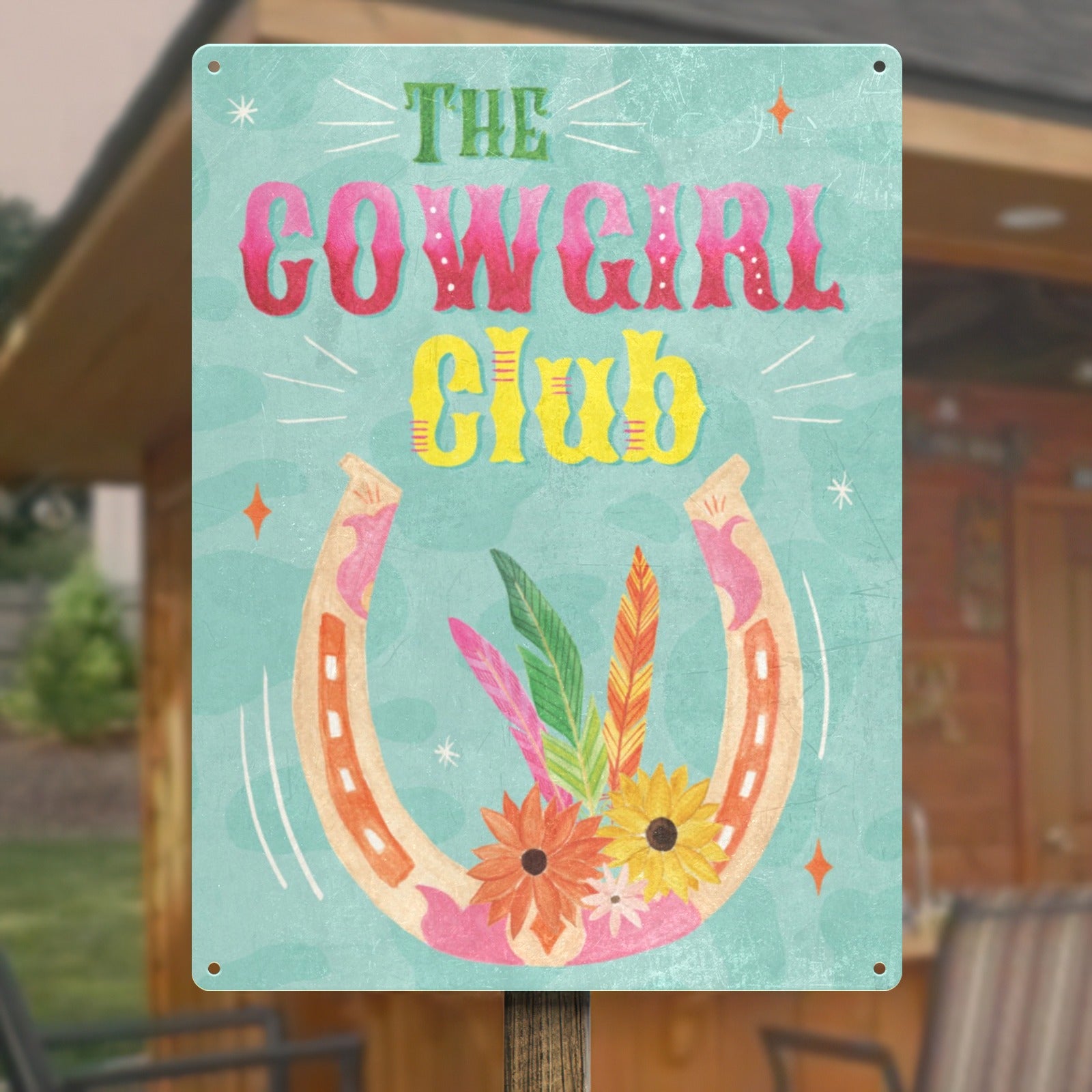 Cowgirl Club tin sign for home or office decor with horseshoe and floral design, made in the USA.