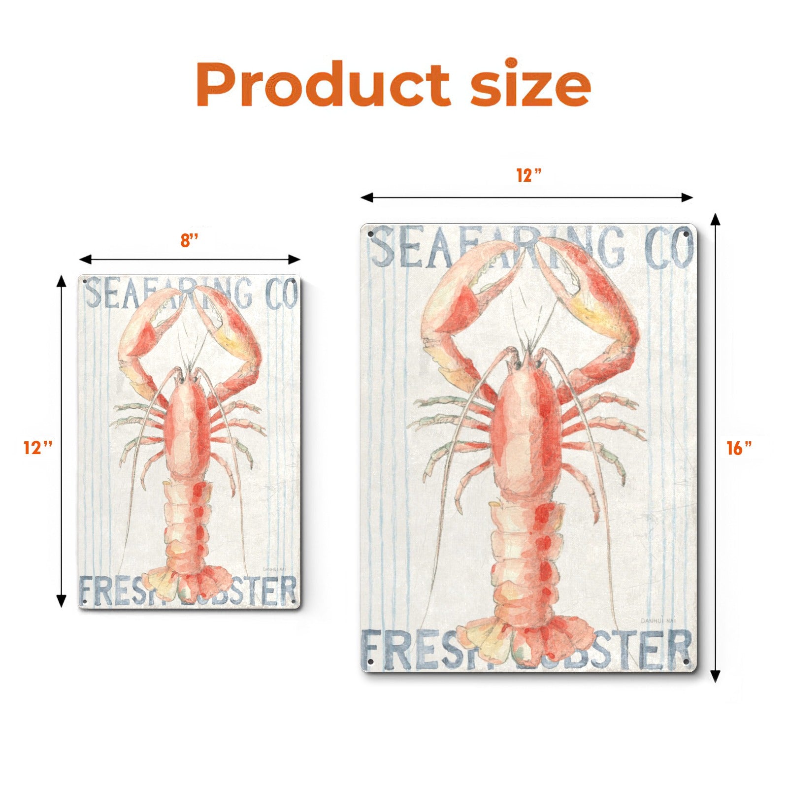 Fresh Lobster Metal Sign for Kitchen Wall Decor, featuring red lobster watercolor art on a white metal sign, dimension shown