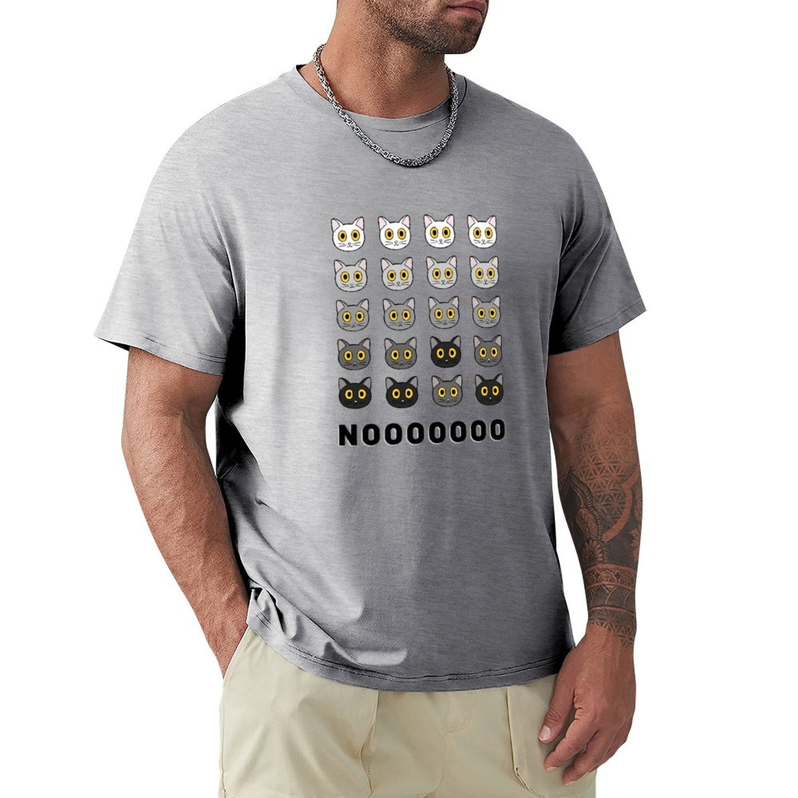 MyArtsyGift Men's gray short sleeve t-shirt with cat face pattern and NOOOOOOOO text