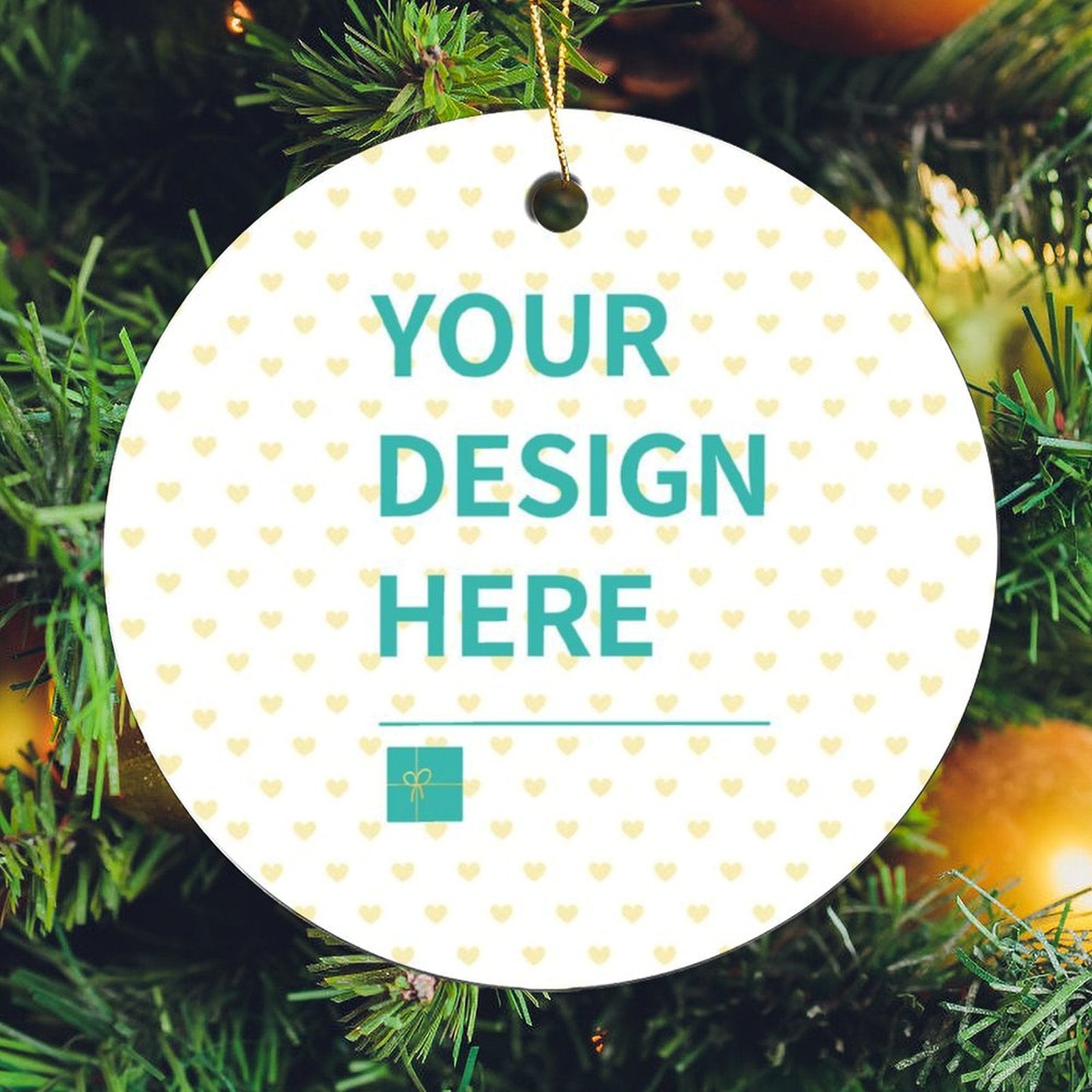 Personalized round ceramic Christmas ornament with YOUR DESIGN HERE text, custom photo gift for Christmas