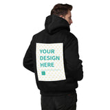 Custom design black hoodie for men, personalized sweatshirt with "YOUR DESIGN HERE" printed.
