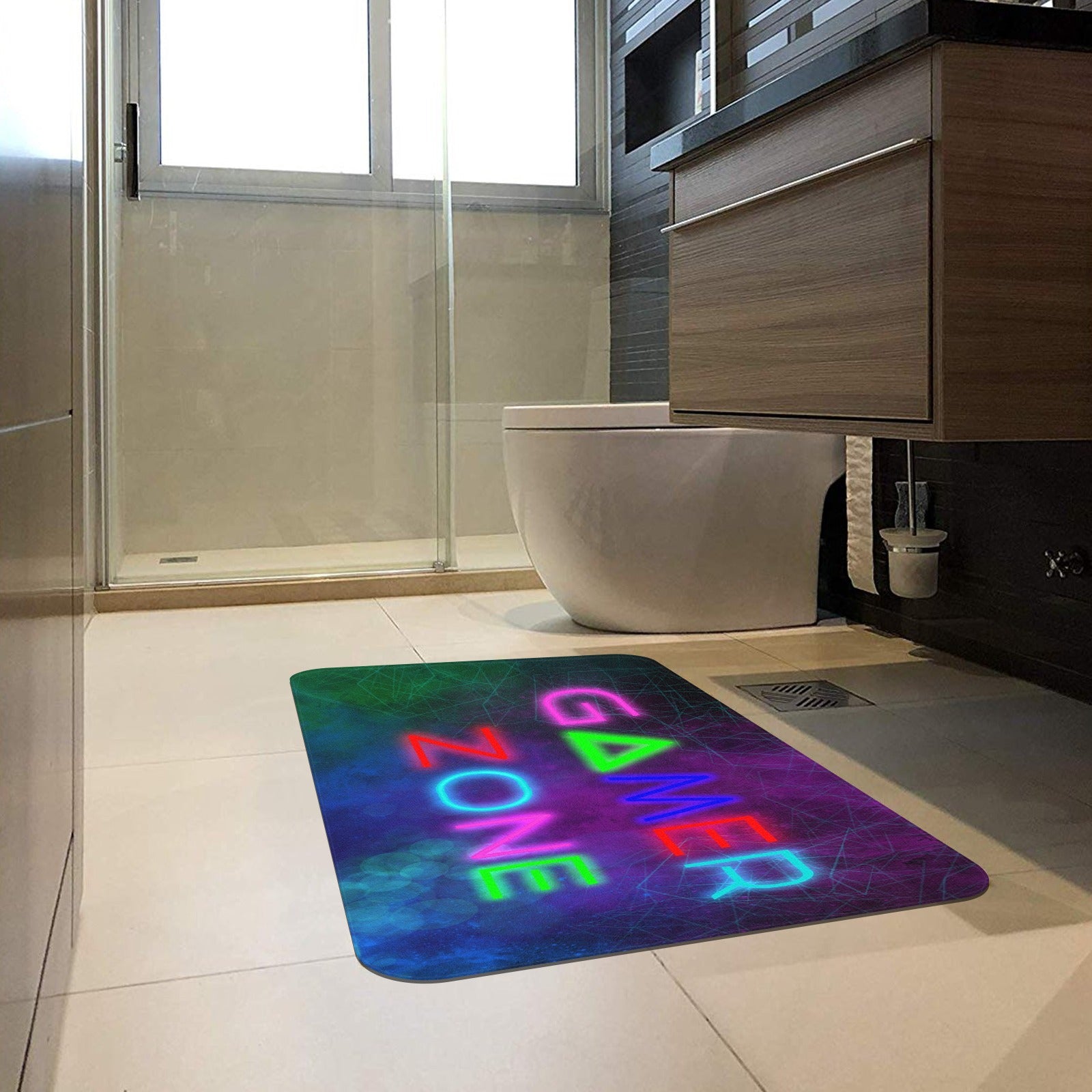 Gamer Zone neon doormat in bathroom, rubber floor mat for game room entrance, indoor use