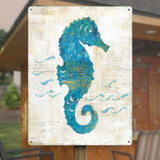 Blue seahorse beach metal sign 'On the Waves III', iron wall decor for home and office decoration, vintage texture