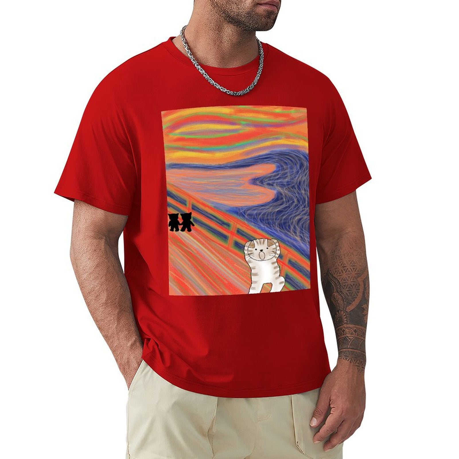 Men's red 'The Scream' cat art t-shirt. Unique classic tee for men from MyArtsyGift.