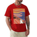 Men's red 'The Scream' cat art t-shirt. Unique classic tee for men from MyArtsyGift.