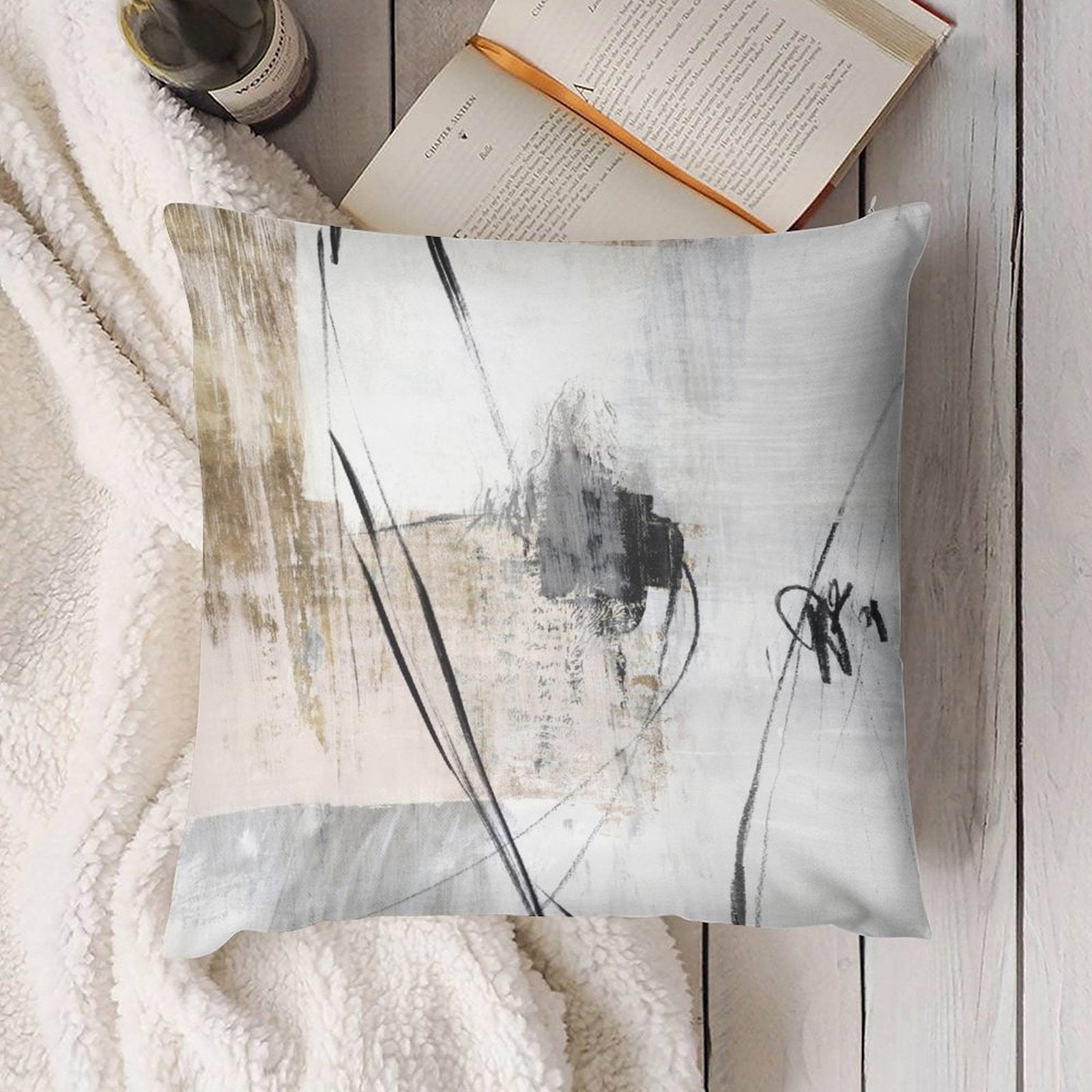 Abstract art plush pillow cover in neutral tones. Decorative pillow for sofa, couch, living room. Short plush fabric.