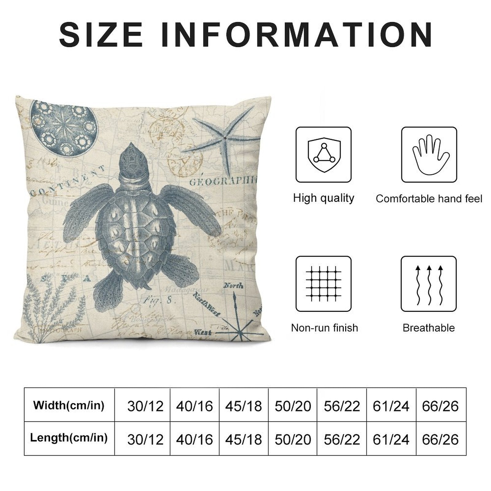 Plush throw pillow cover, featuring sea turtle and map design. Soft short plush material. Breathable and comfortable.
