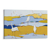 Abstract canvas print with stylized white birds and yellow and blue landscape, Wild Apple Wall Art