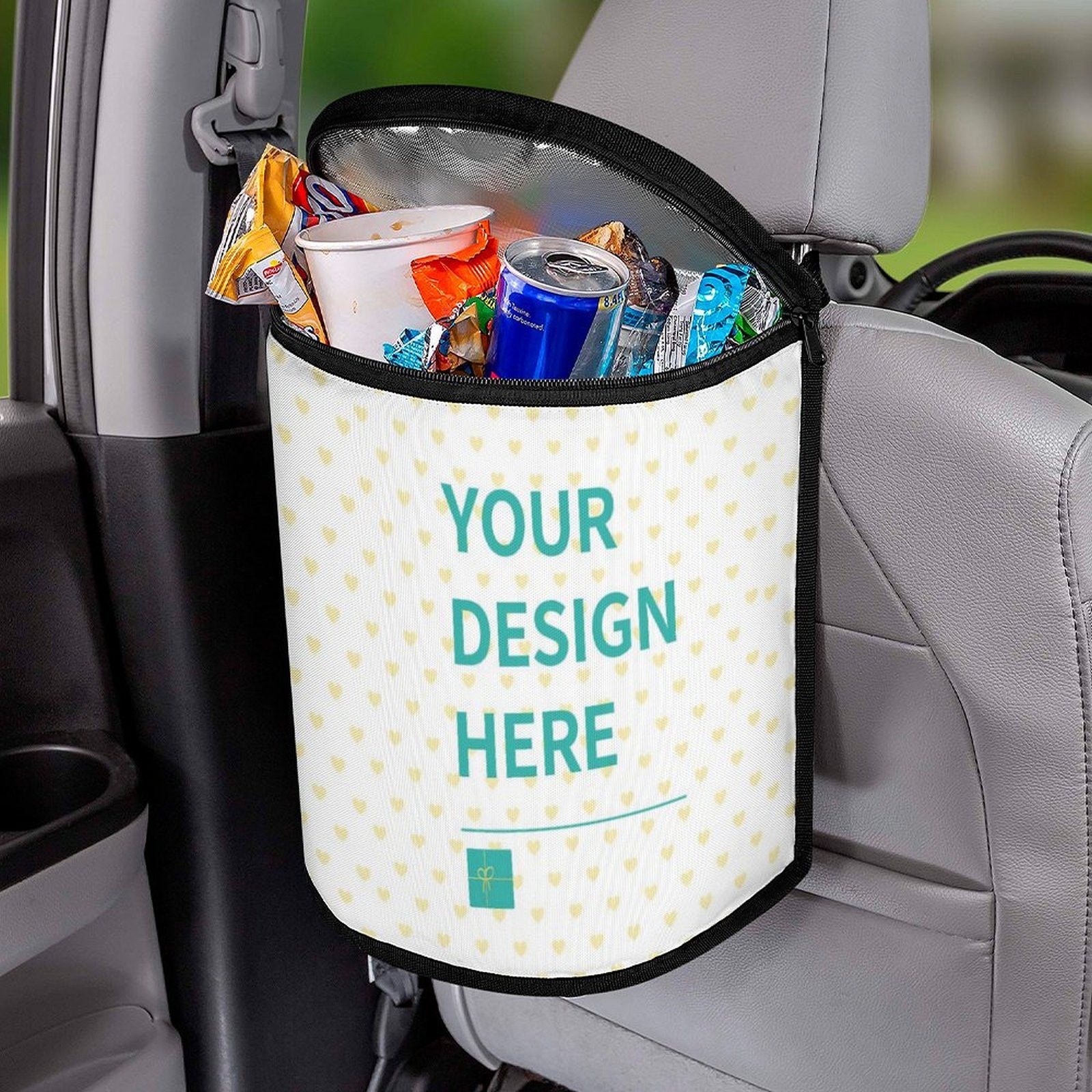 Custom car trash can with "YOUR DESIGN HERE" design, polyester material, car organizer storage box, keeps car clean