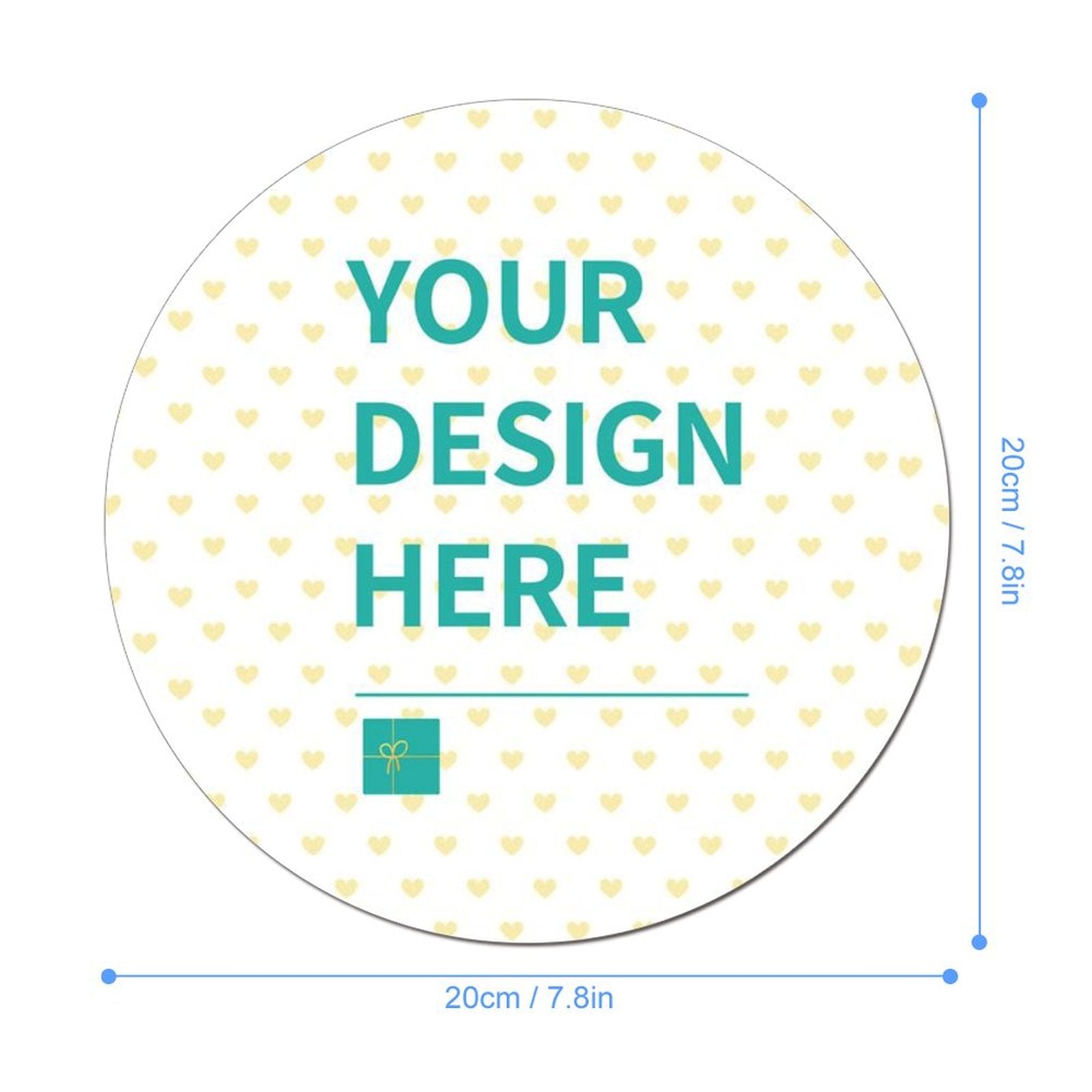 Customizable round mouse pad, white with heart pattern, "Your Design Here", 20cm, perfect for office or gaming.