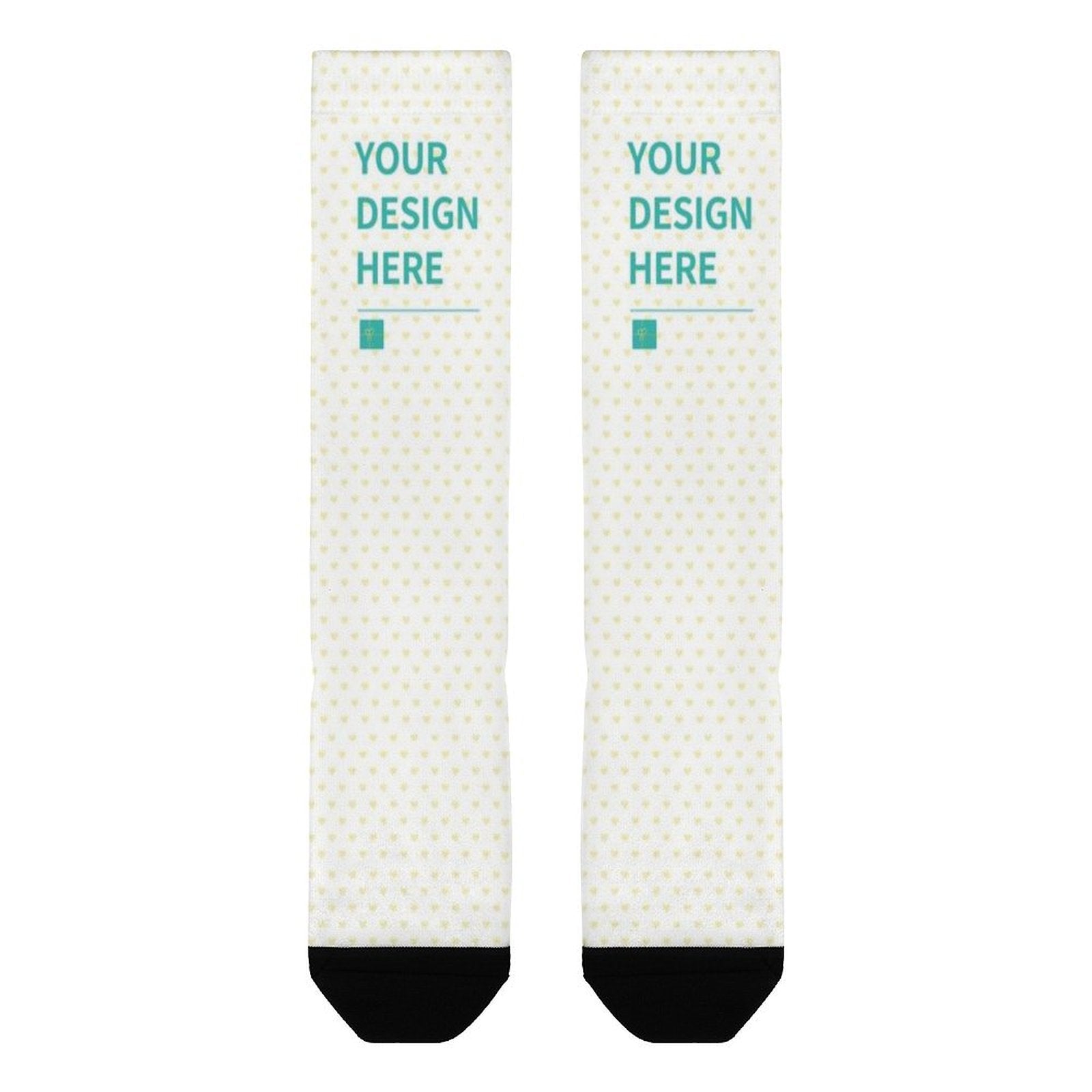 Customizable mid-calf socks with 'YOUR DESIGN HERE' text, heart pattern, black toe. Personalized gift.