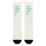 Customizable mid-calf socks with 'YOUR DESIGN HERE' text, heart pattern, black toe. Personalized gift.