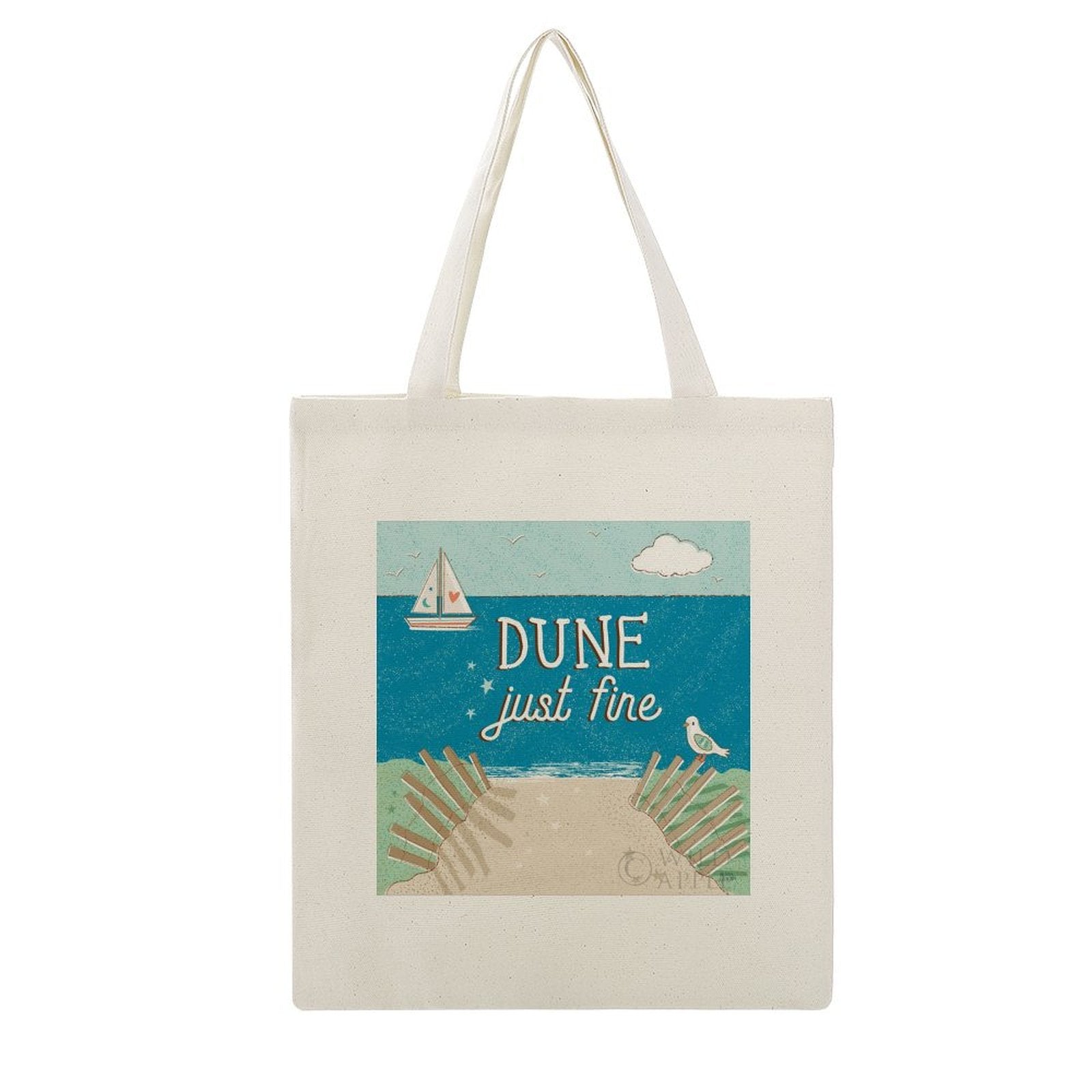 Canvas tote bag with beach graphic and "DUNE just fine" text; cloth cotton shopping bag