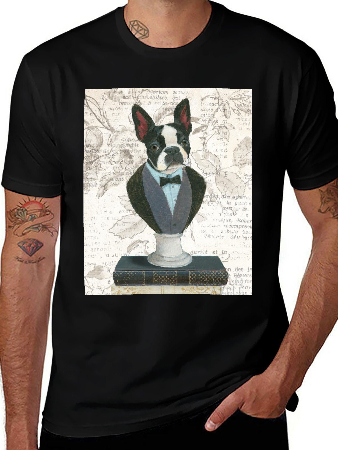 MyArtsyGift black cotton tee: Boston Terrier in tuxedo, Newsprint design for casual summer wear, made in USA