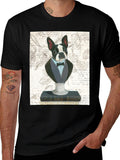 MyArtsyGift black cotton tee: Boston Terrier in tuxedo, Newsprint design for casual summer wear, made in USA