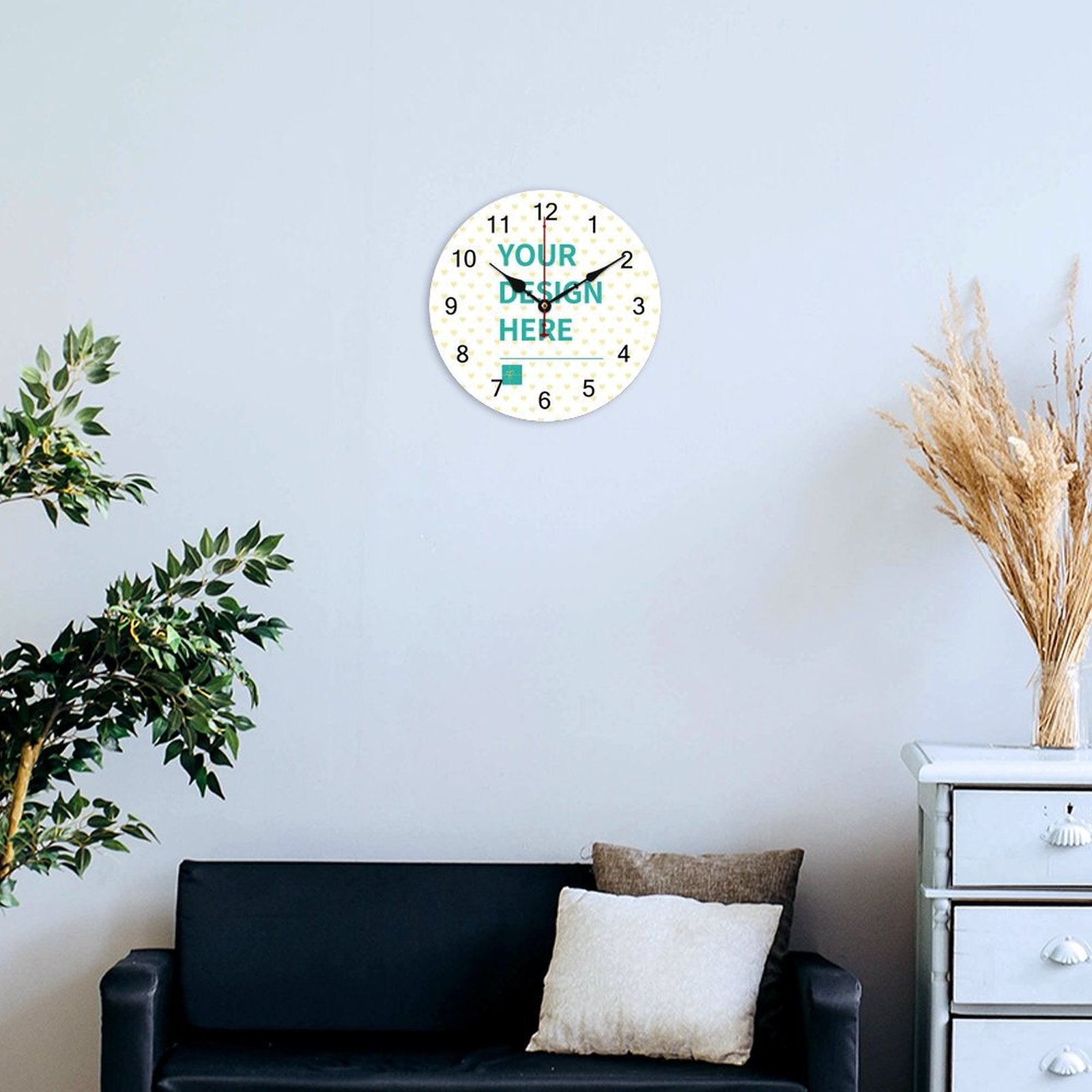 Customizable PVC Round Silent Clock with "YOUR DESIGN HERE" text, home decor gift idea