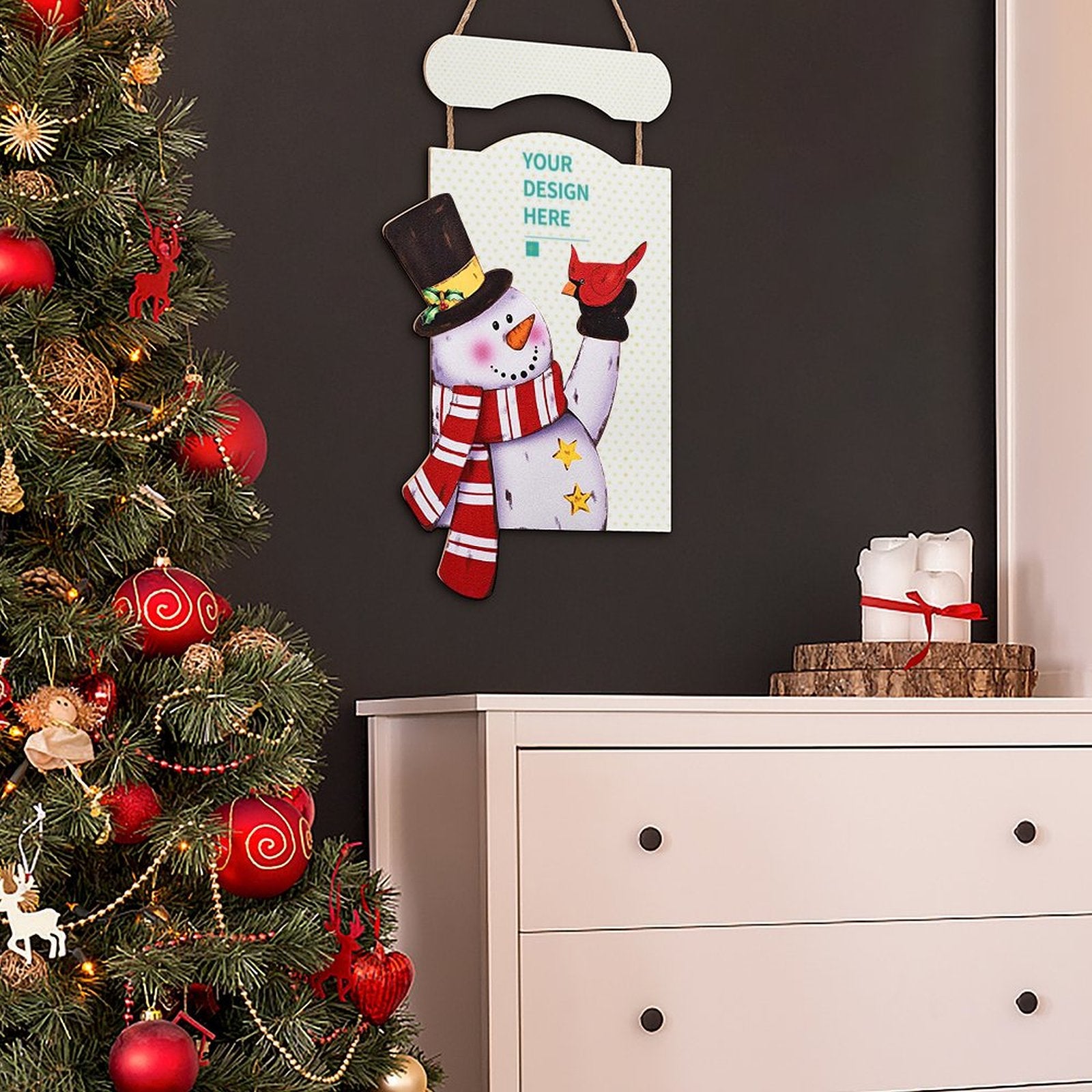Personalized Christmas Snowman Wooden Hanging Sign, Customizable Holiday Decor for Front Door