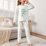 Personalized girl's pajama set with 'YOUR DESIGN HERE' text, soft material, white with heart pattern, comfortable sleepwear.