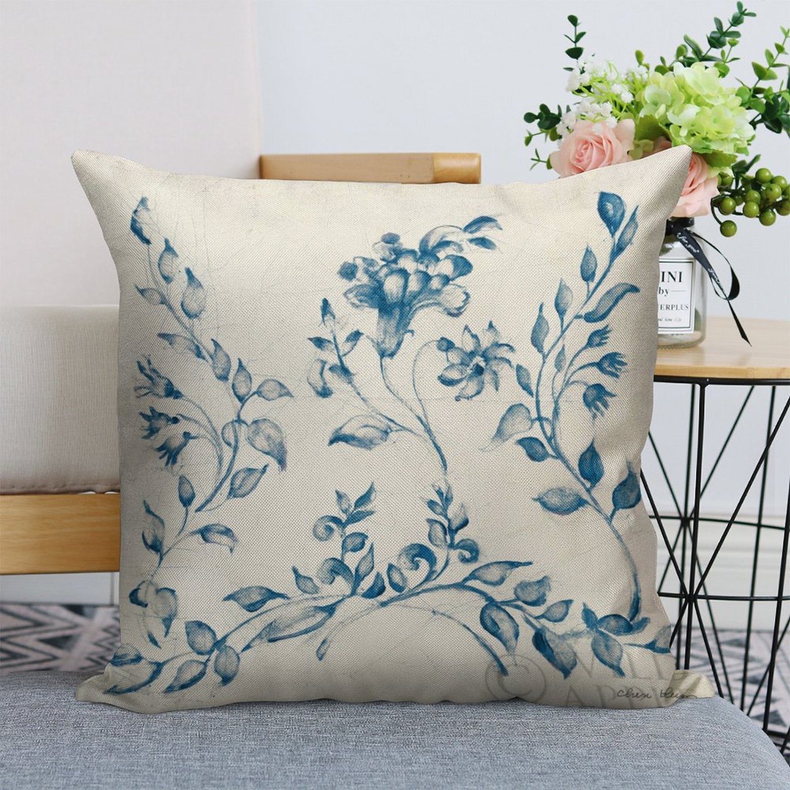 Linen pillowcase set, blue floral Swedish tile design, perfect for living room decor, made in USA, MyArtsyGift.