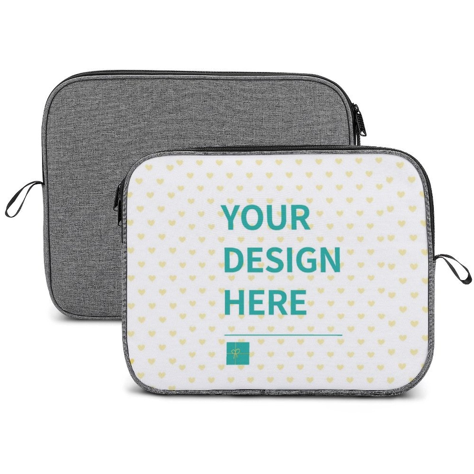 Custom laptop sleeve, snowflake fabric, personalized laptop bag with "YOUR DESIGN HERE" on the front.