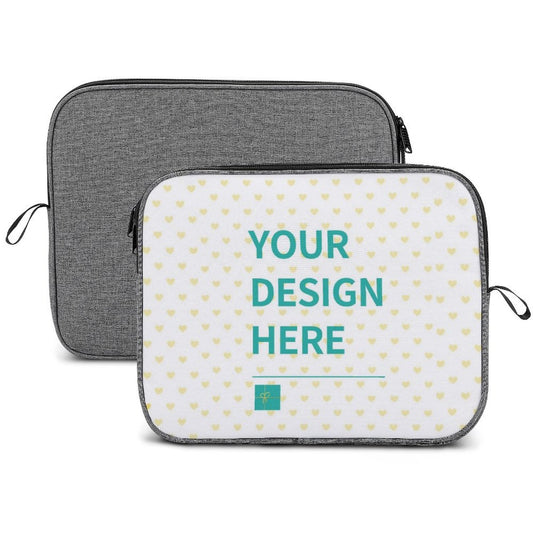 Custom laptop sleeve, snowflake fabric, personalized laptop bag with "YOUR DESIGN HERE" on the front.