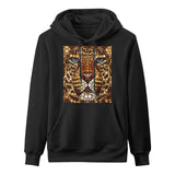 Leopard face art print on a black Gildan men's hooded sweatshirt. Custom art gifts.