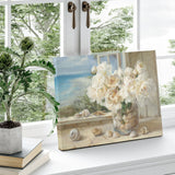 6000 By the Sea canvas print, showcasing white peonies, seashells, and an ocean view, made in USA