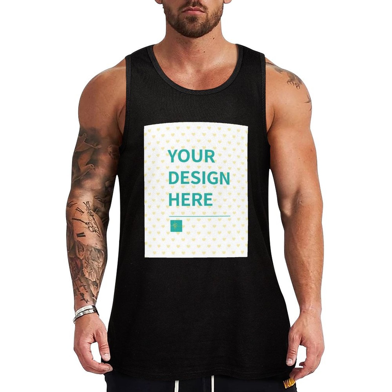 Custom black mens workout tank top with YOUR DESIGN HERE text, perfect for personalization