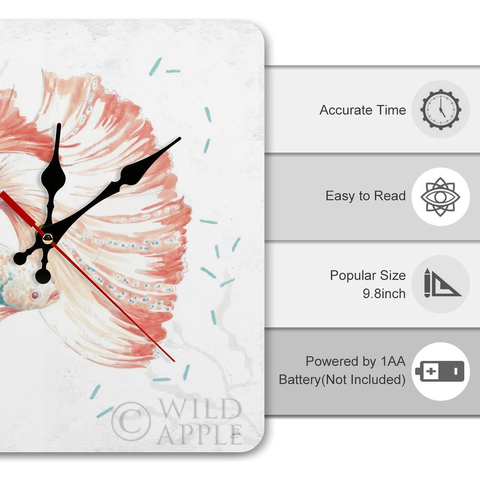 Personalized square wooden wall clock with Betta fish watercolor, MyArtsyGift home decor, kitchen gift