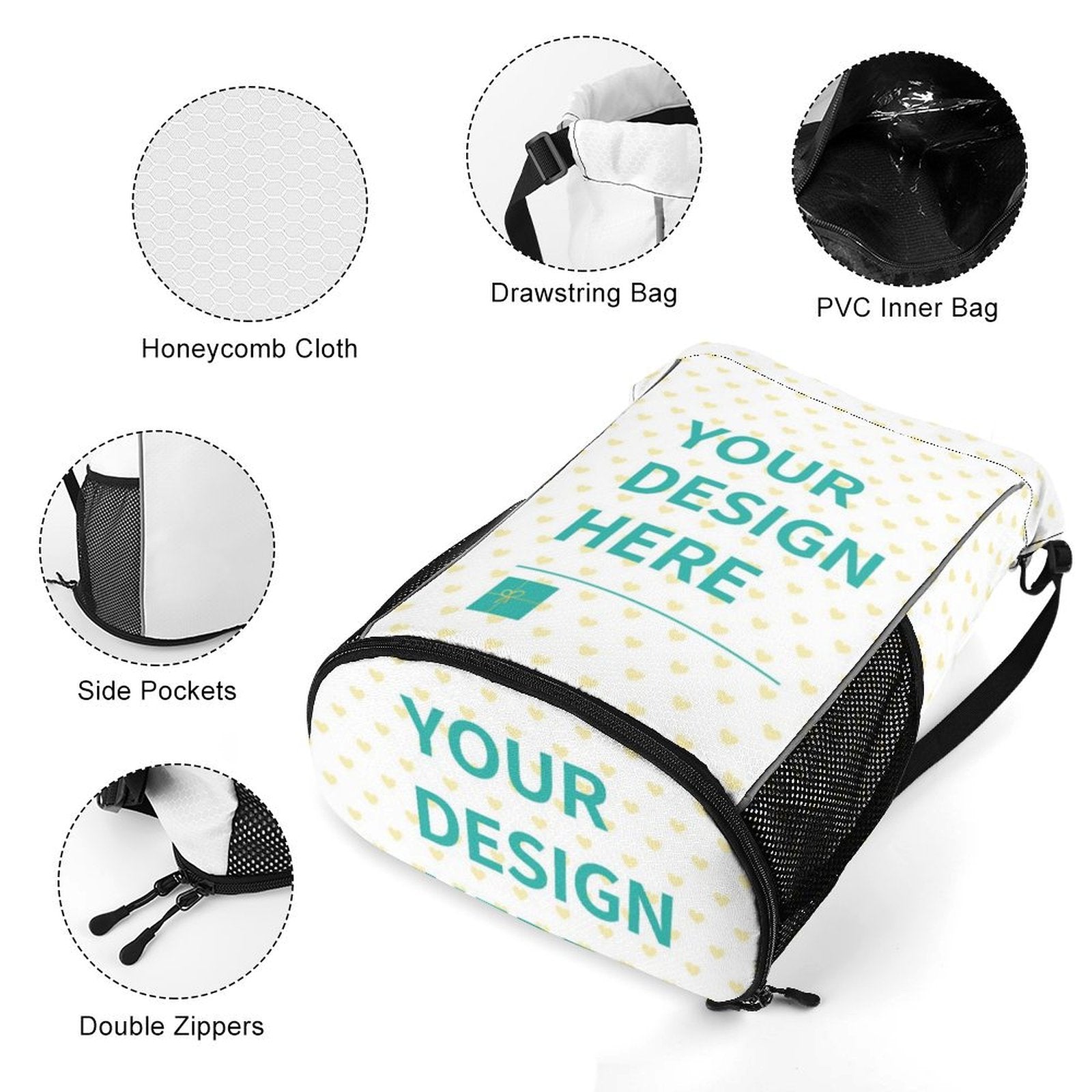 Custom unisex drawstring backpack with 'YOUR DESIGN HERE' print, ideal for gym and travel, featuring honeycomb cloth material