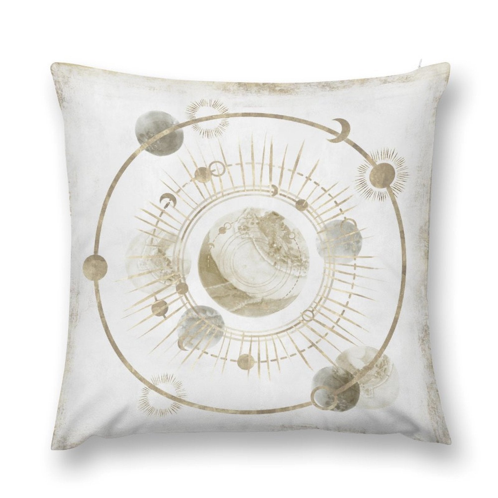 White plush throw pillow cover with gold celestial design, decorative pillow for sofa, couch, and living room