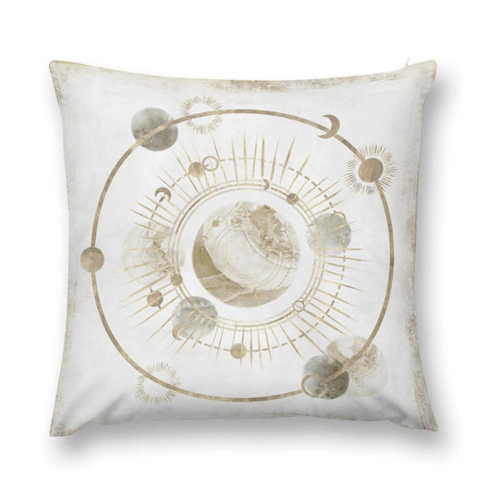 White plush throw pillow cover with gold celestial design, decorative pillow for sofa, couch, and living room
