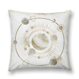 White plush throw pillow cover with gold celestial design, decorative pillow for sofa, couch, and living room