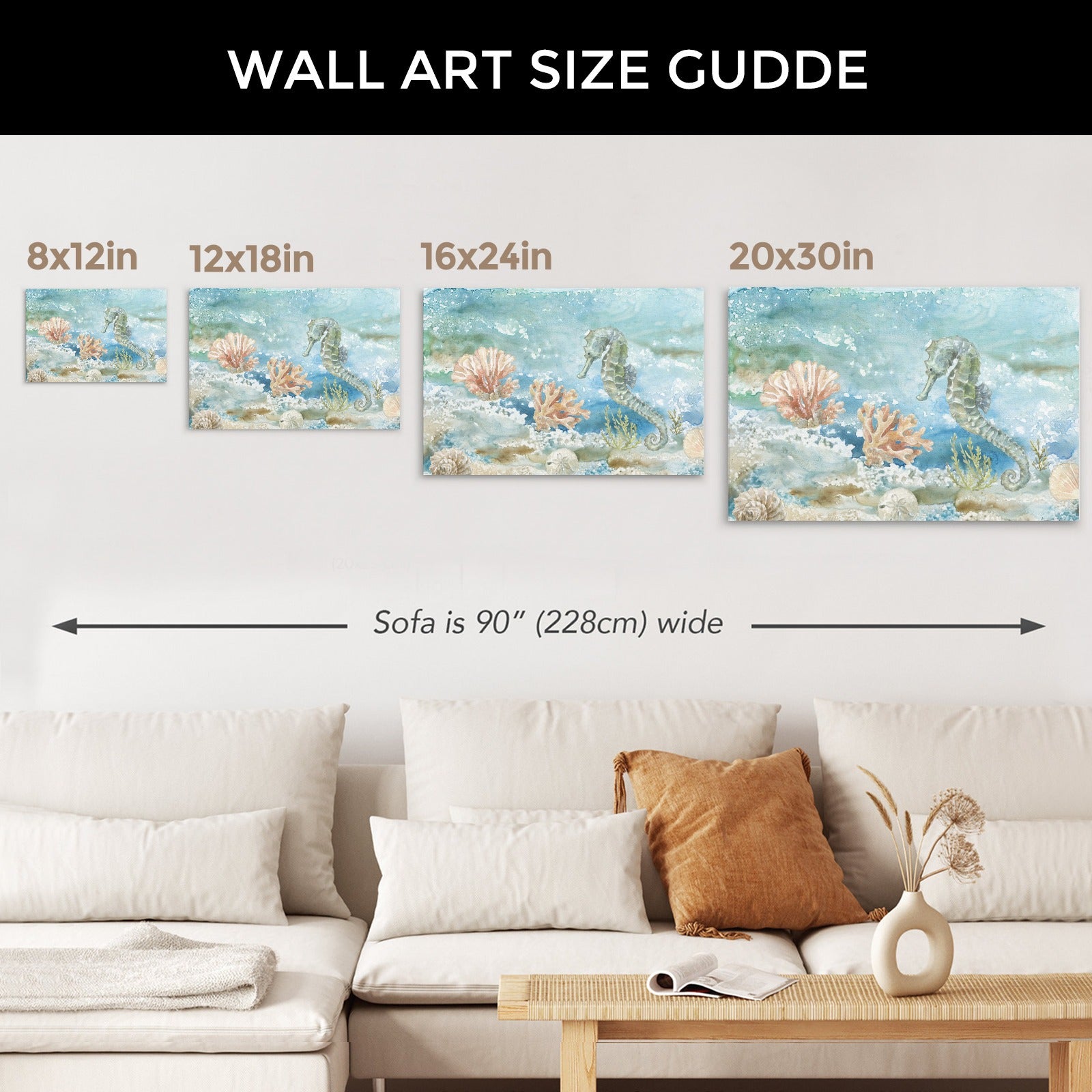 Under Sea Life II Seahorse and Coral Canvas Art Size Guide with examples on the wall above a sofa.