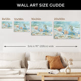 Under Sea Life II Seahorse and Coral Canvas Art Size Guide with examples on the wall above a sofa.