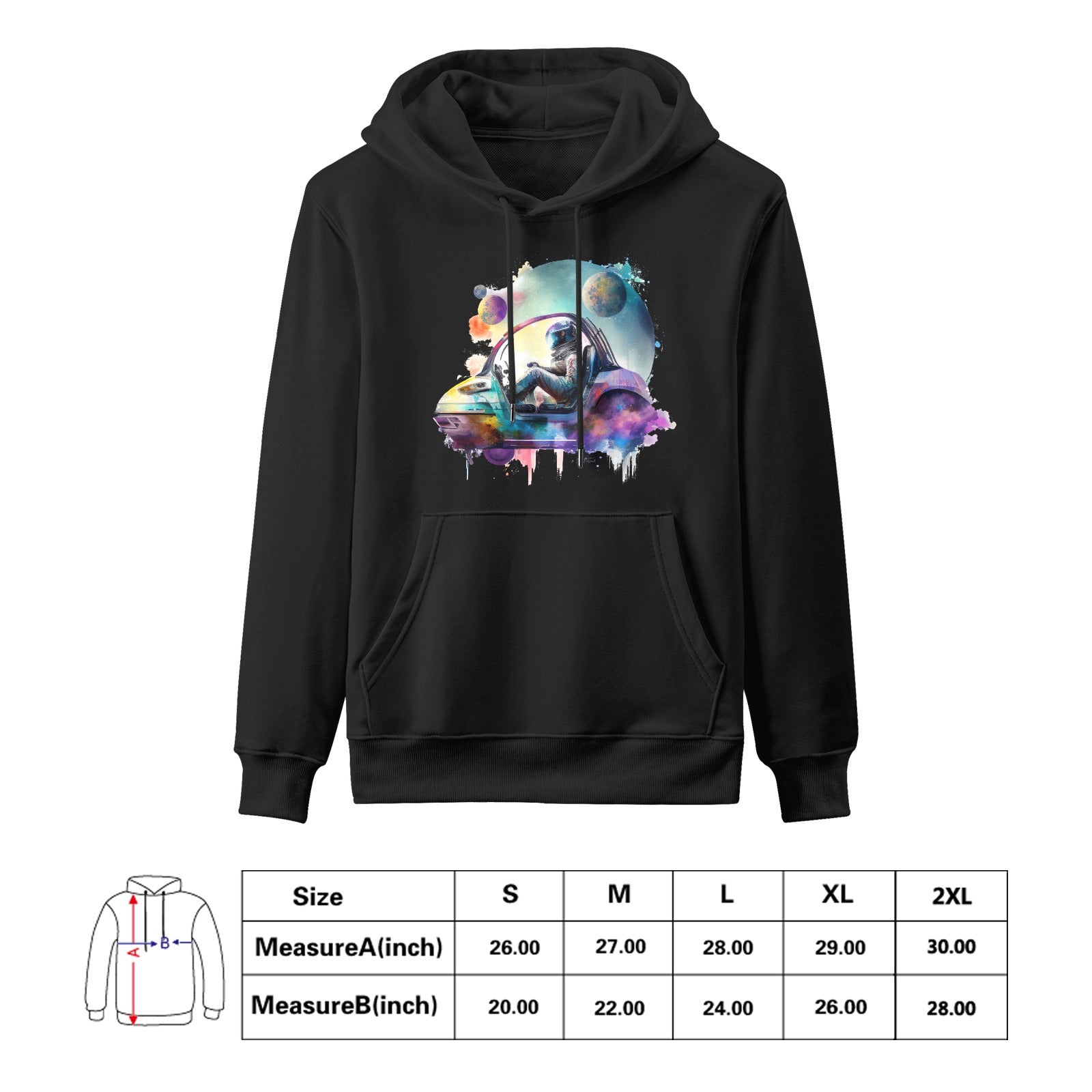 Cosmo Car - Astro Cruise men's black hooded sweatshirt with space design, cotton fabric, size chart