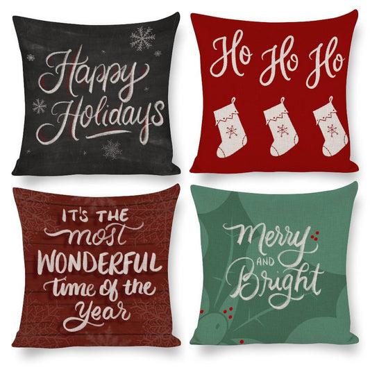 Set of 4 Cotton Linen Christmas Pillow Covers with Holiday Greetings
