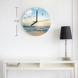 Modern blue beach MDF wall clock, 11.6-inch, seagull design, ideal for living room decor.