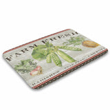 Farm fresh coral velvet bath rug with radishes, snap peas and carrots design, perfect for kitchen or bathroom