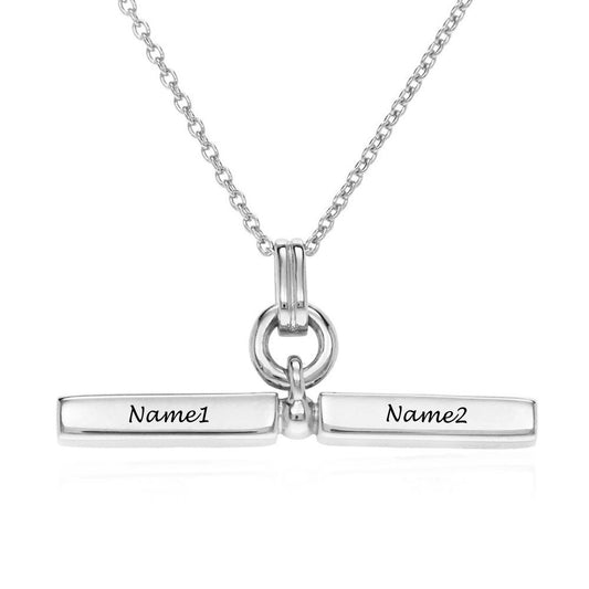 Personalized silver bar necklace with engraved names, perfect custom jewelry gift for women and men.