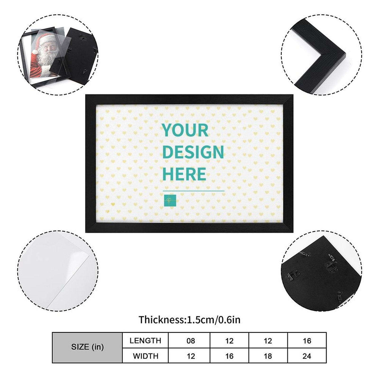 Personalized canvas print with black frame and custom design option, ideal wall art for gifts. Includes size options.