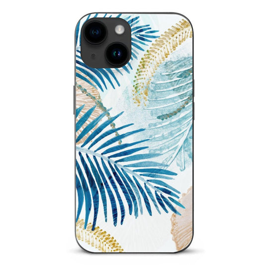 iPhone 15 phone case with watercolor palm leaves design in blue and gold. Anti-slip, shockproof protection.