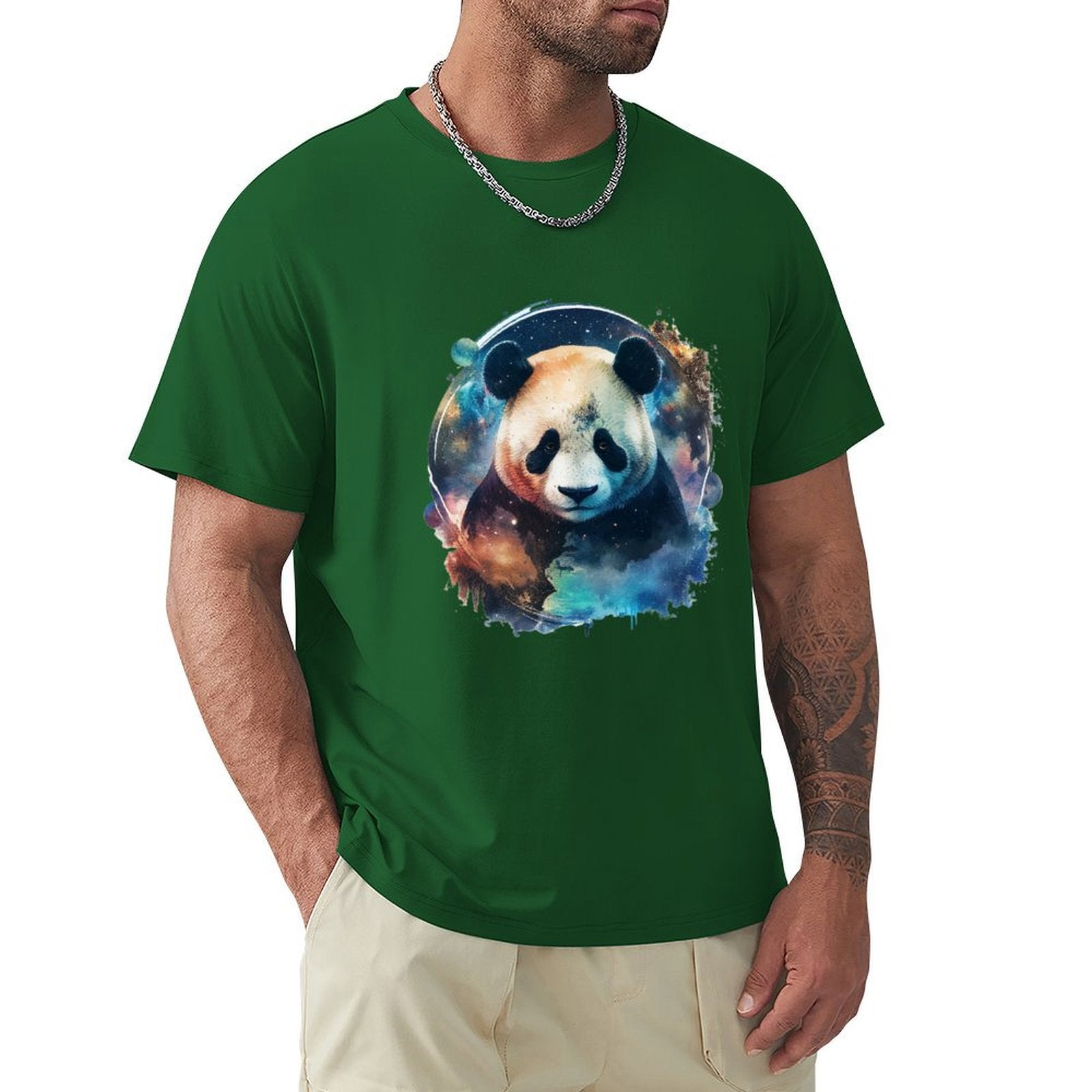 Green Men's short sleeve panda bear graphic t-shirt, MyArtsyGift, comfortable cotton tee