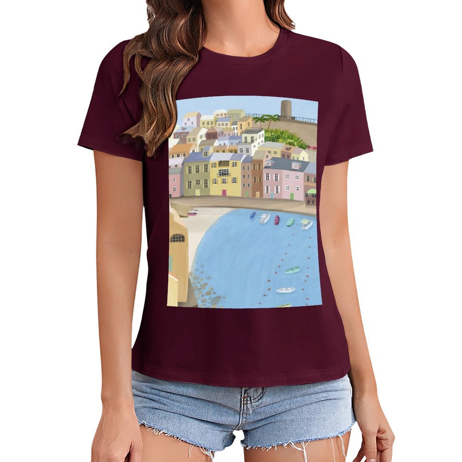 Maroon women's tee with coastal town graphic print, MyArtsyGift art lovers apparel