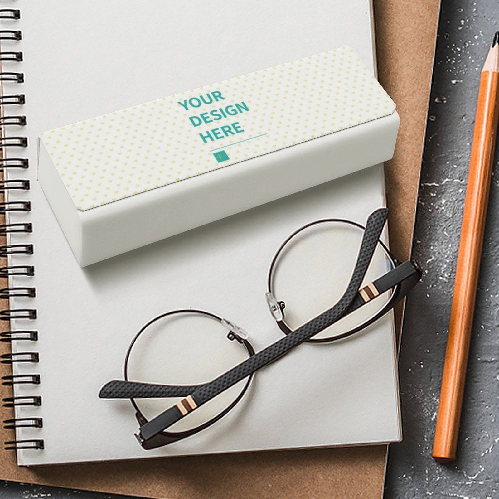 Custom eyeglass case with 'YOUR DESIGN HERE' design. Personalized glasses case for men and women, a perfect gift idea.