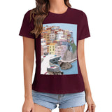 Maroon crewneck t-shirt with Italian town graphic print for women, casual wear by MyArtsyGift.