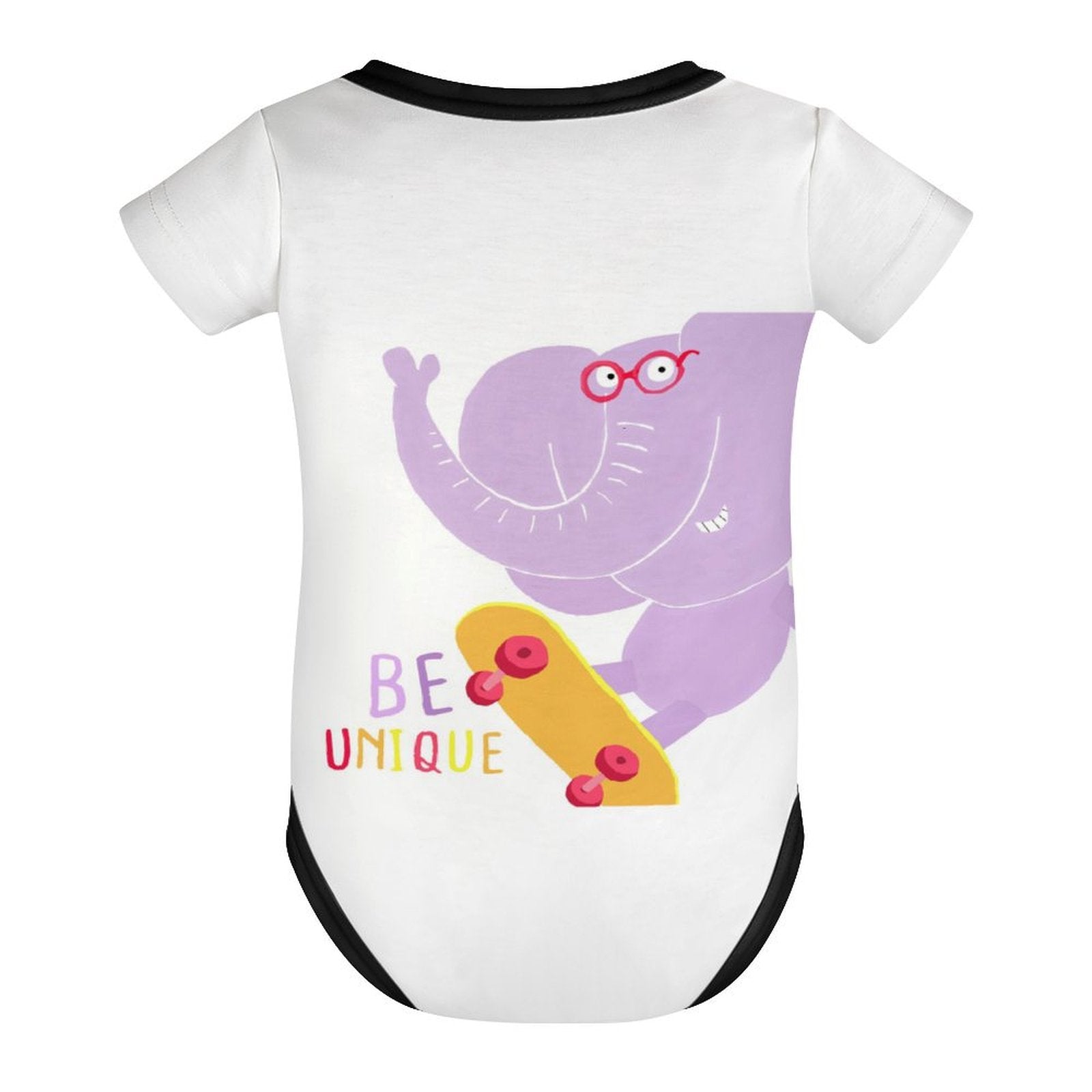 Infant bodysuit featuring a skateboarding elephant with 'BE UNIQUE' design for unique baby clothing.