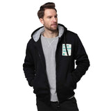 Black custom hoodie for men with zipper and hood, 'YOUR DESIGN HERE' design, warm polyester material.