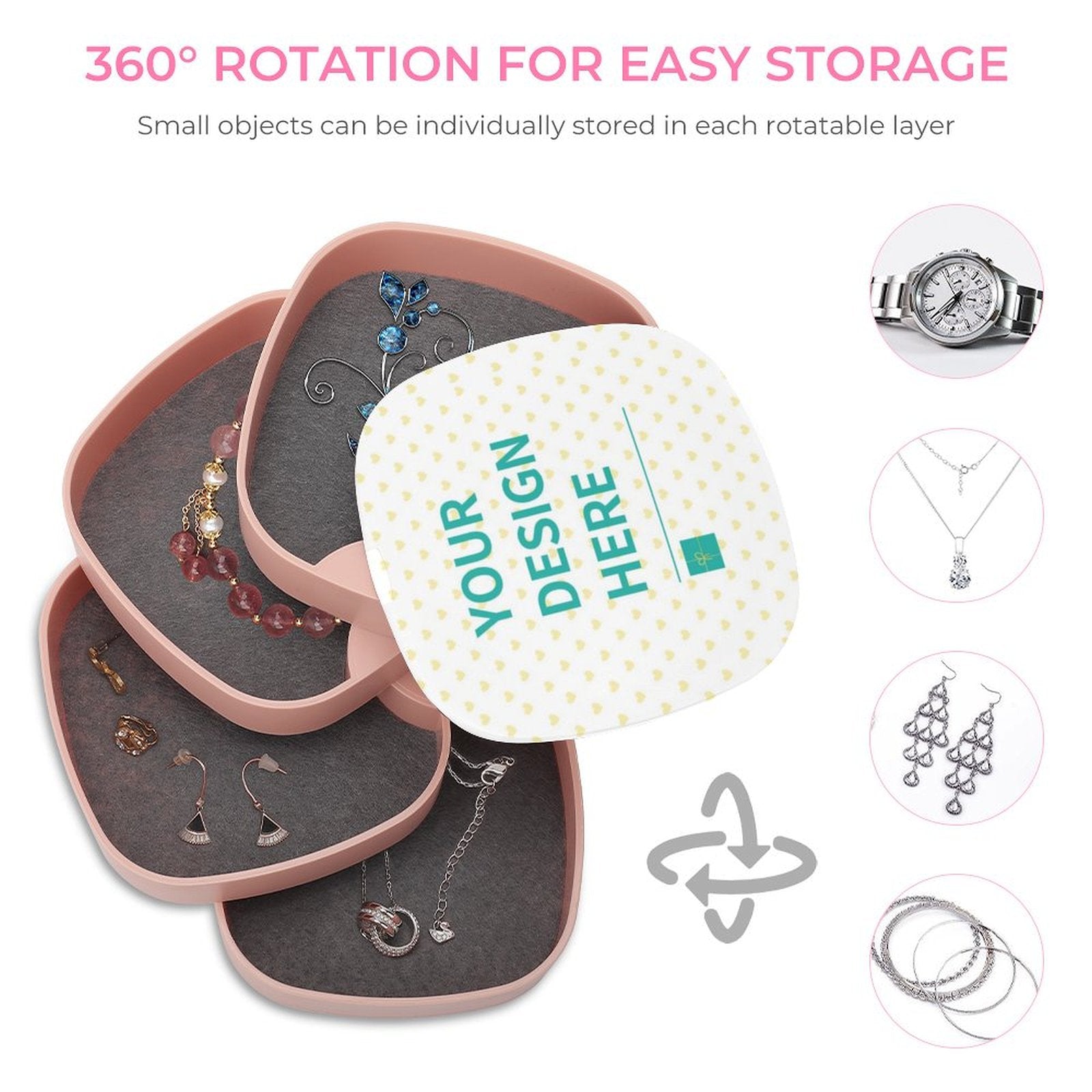 Pink rotatable jewelry box with 'Your Design Here', 360° rotation, jewelry organizer, ABS material