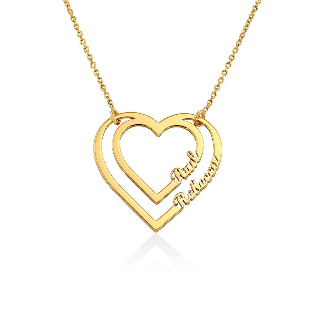 Personalized double heart necklace with engraved names Paul and Rebecca in gold, a perfect gift for couples